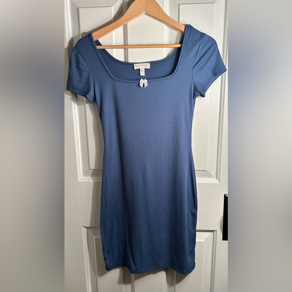 NWOT Blue Ribbed Dress with Bow Detail